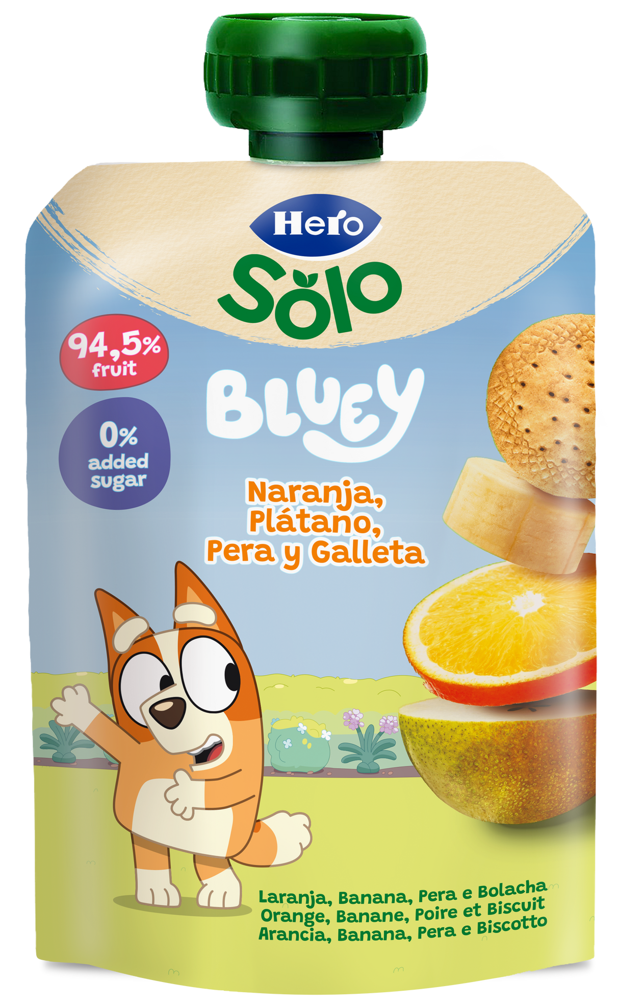 Bolsita Hero Solo naranja plátano pera y galleta Bluey
