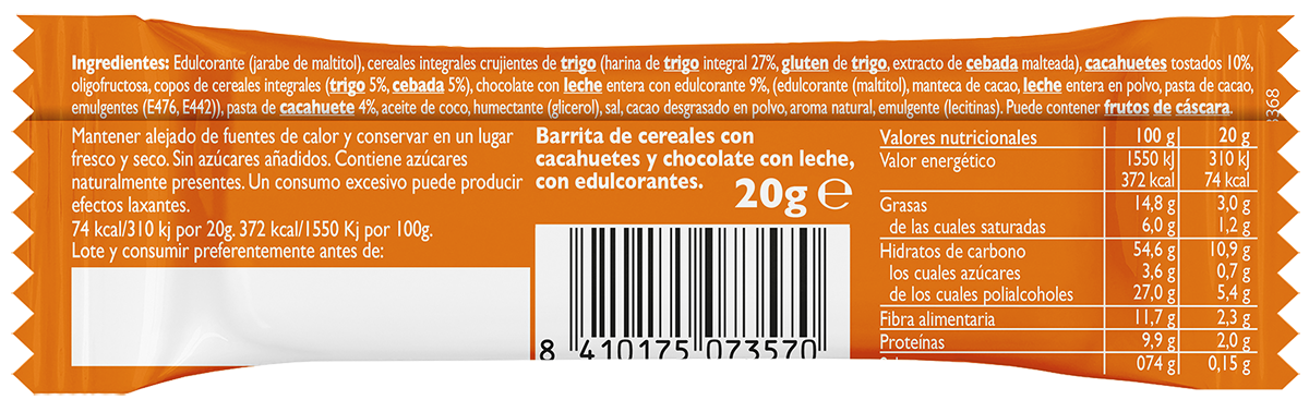 Barrita Corny cacahuete y chocolate sin azúcar añadido