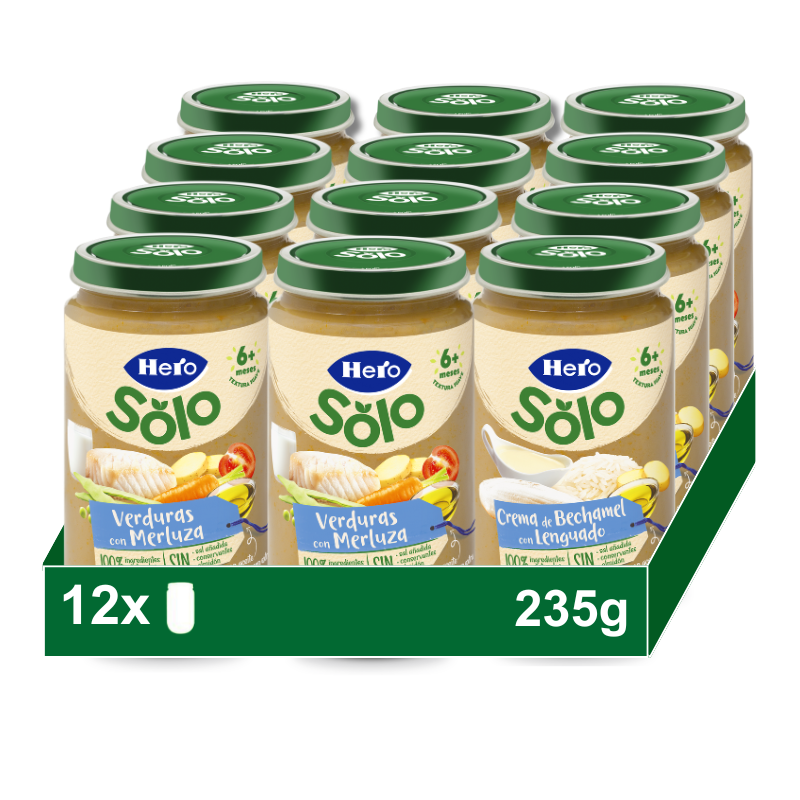 Hero Solo Pack Tarritos Sabores Variados (6 Crema de Bechamel con Lenguado y 6 Verduritas Merluza). Para bebés de más de 6 meses.Pack 12x235gr