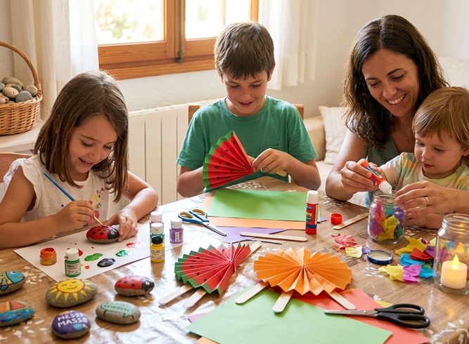 Una madre y sus tres hijos sentados alrededor de una mesa de madera haciendo manualidades de verano, con abanicos de papel con forma de frutas, piedras pintadas y tarros decorados con papel de colores.