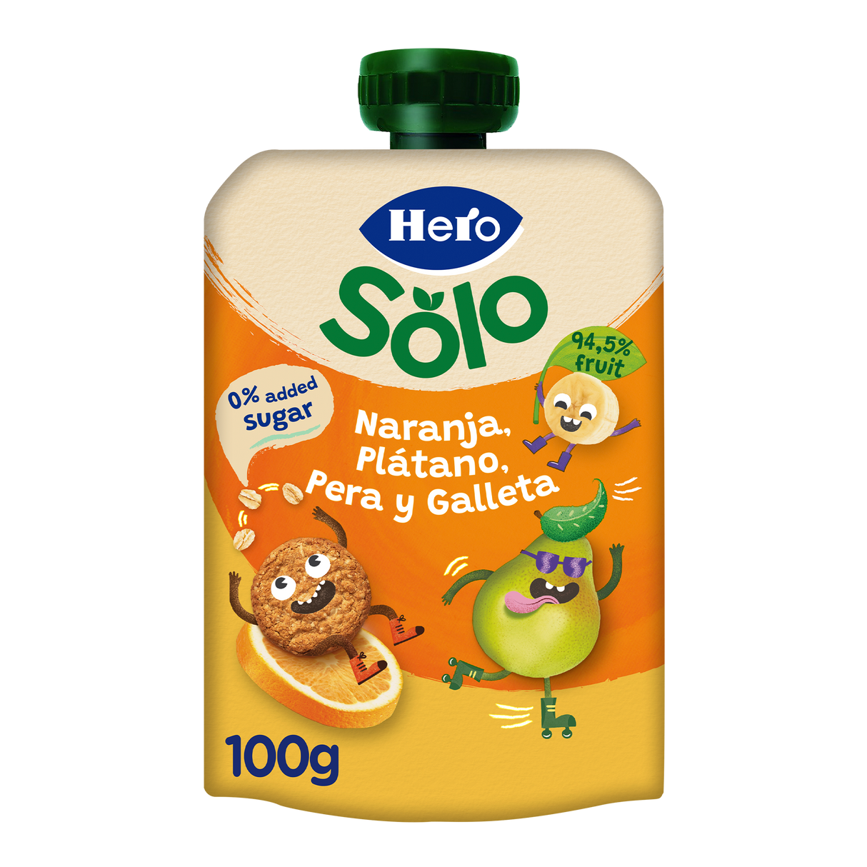 Saqueta Hero laranja, banana, pera e bolacha
