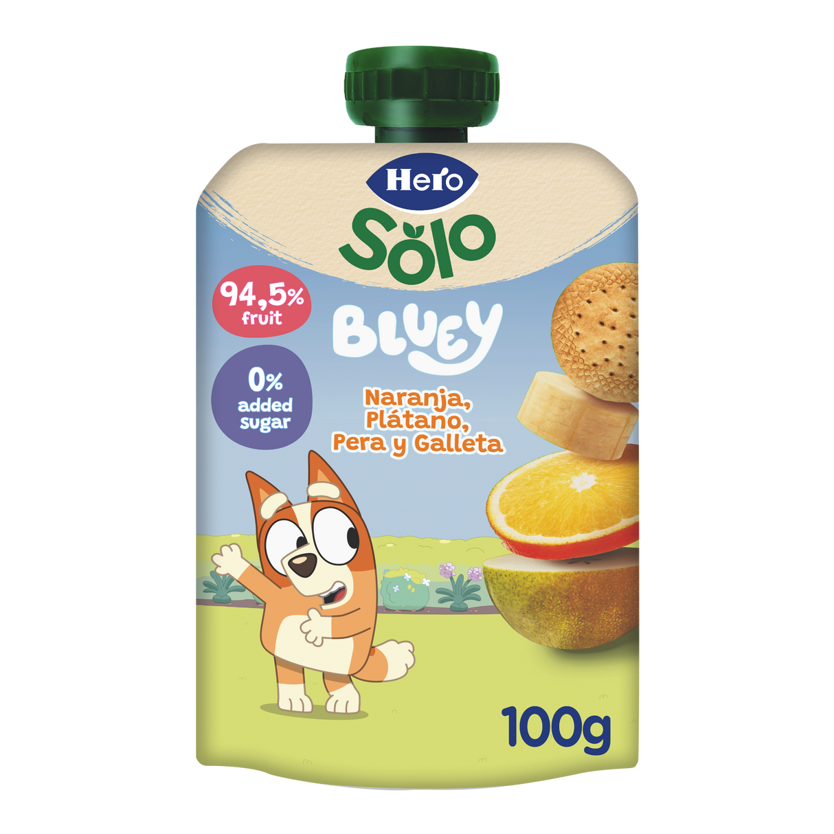 Bolsita Hero Solo naranja plátano pera y galleta Bluey